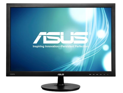 the monitor with a blue and green abstract image as screen