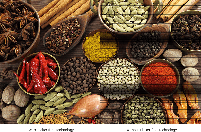 one image splited into two, showing difference between flicker-free technology on and off