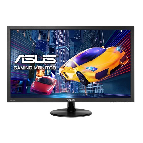 a monitor with a racing car as screen , asus logo