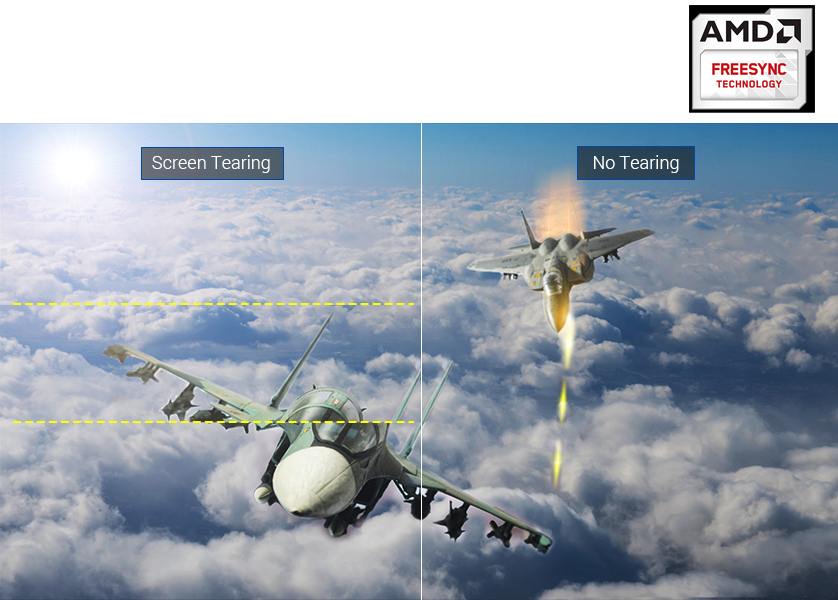 one image splited into two, showing different effect between screen tearing on and off. AMD freesync technology icon 