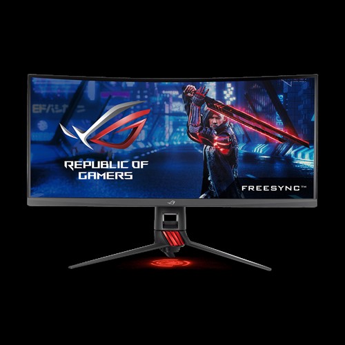 the monitor with a man is brandishing a sword as screen and republic of gamers logo on the left