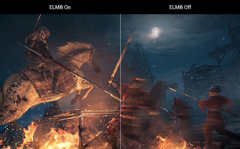 one image splited into two, showing difference effect between elmb on and off