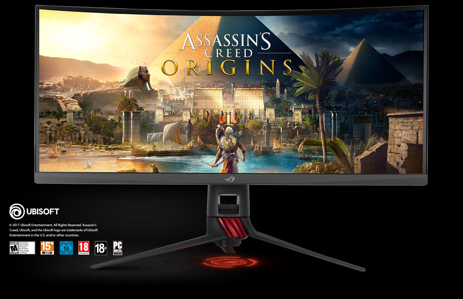 the monitor with a Assassin's creed origins game screenshot
