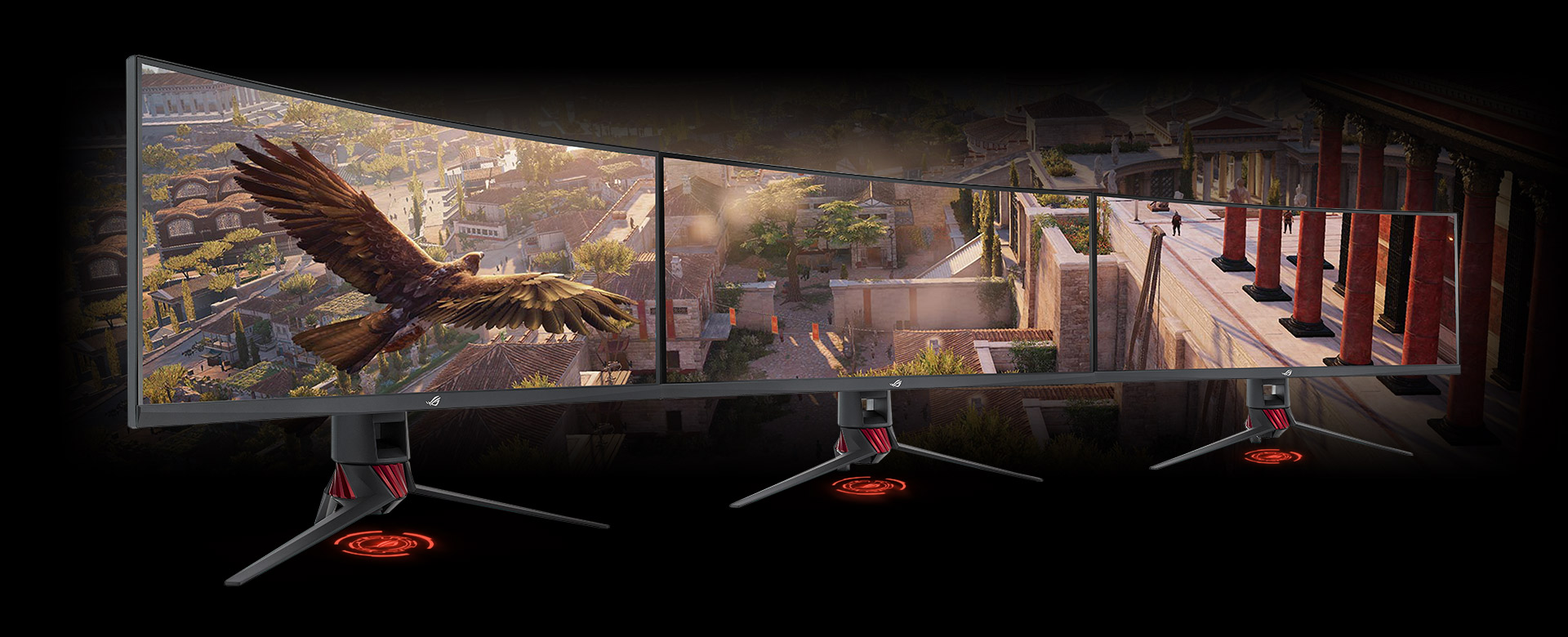 A Set of Three Monitors Side by Side, Forming a Connected Display with an eagle is flying crossing the city as screen
