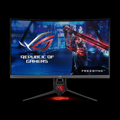 the monitor with a man is brandishing a sword as screen and republic of gamers logo on the left