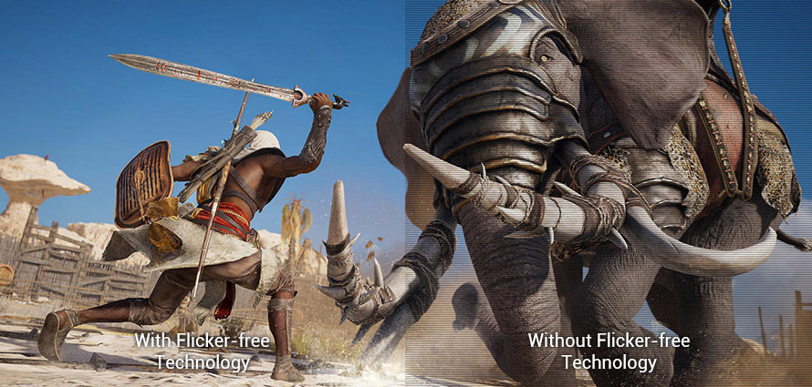 one image splited into two, showing difference effect between flicker-free technology with and without