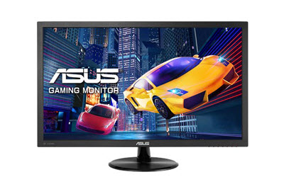 ASUS VP278QG Monitor Showing Video Game Cars Flying Through the Air in Front of City Buildings at Night