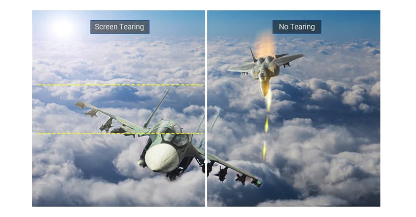 Screen Tearing versus No Tearing Image of Jet Fighters Dogfighting above the clouds