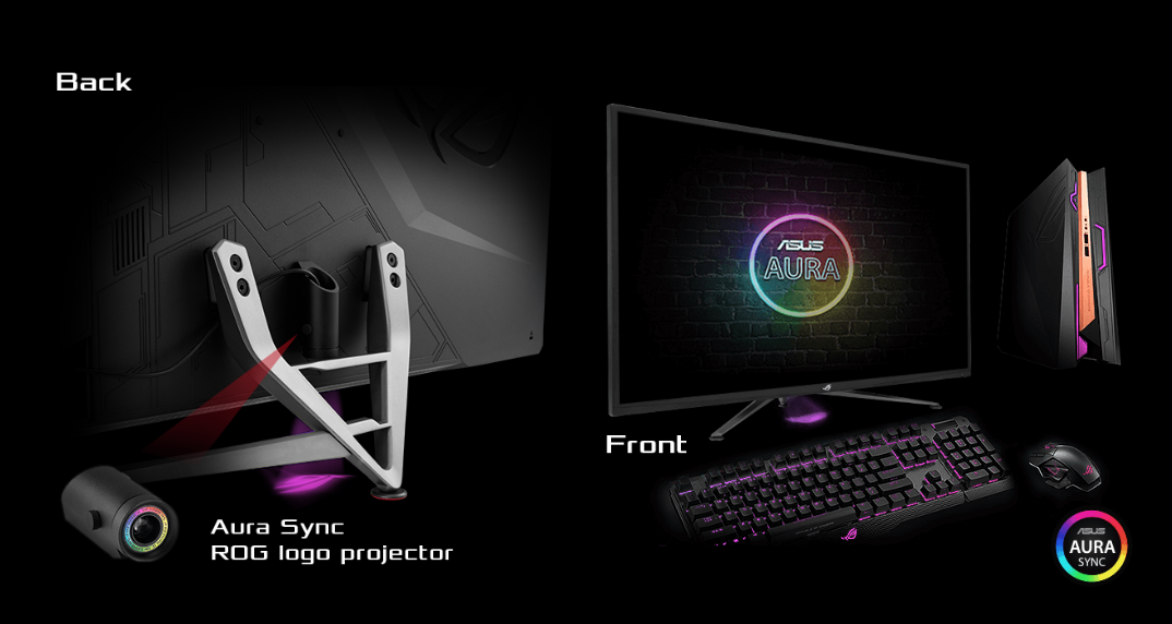 AURA_LIGHTING, the back of the monitor with rog projector, the front of the monitor with keyboard , mouse, and case.
