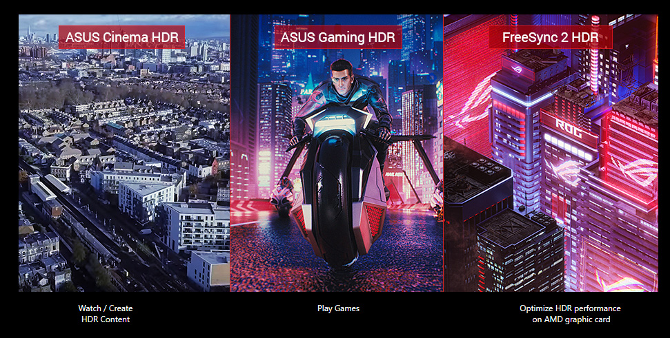 Multi-HDR, three images to show different modes, cinema HDR, gaming HDR, Freesync 2 HDR