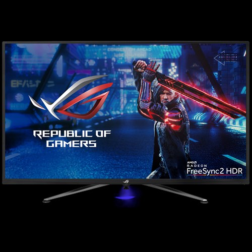 XG438Q monitor, 43-inch monitor with warrior waving a sword as screen, and a amd radeon freesync2 HDR logo on the bottom right corner.