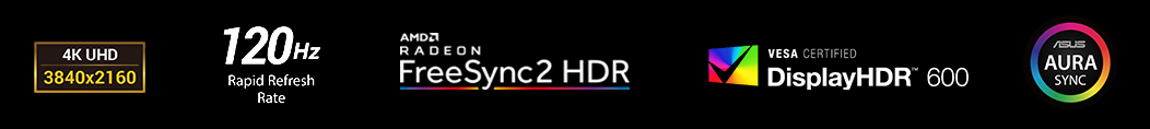 icon, 4K UHD icon, 120Hz icon, Freesync2 HDR logo, DisplayHDR 600 icon, AURA logo