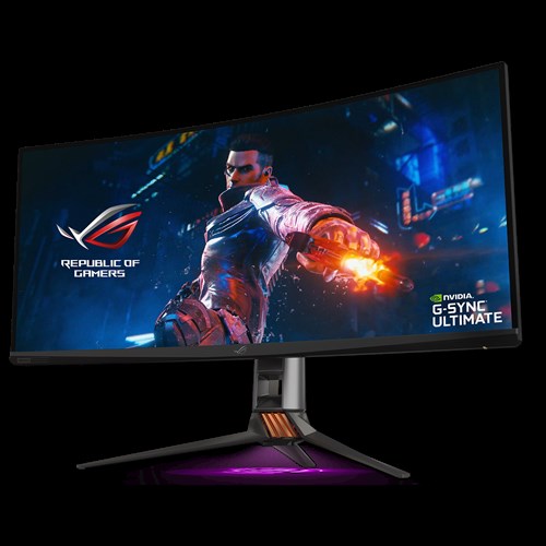PG35VQ monitor, 35-inch monitor with warrior waving a sword as screen, and a amd radeon freesync2 HDR logo on the bottom right corner.