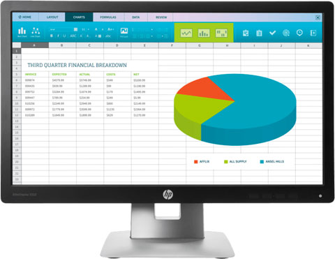  Front view of the E222 in standing position, with screen showing Excel table with pie chart  