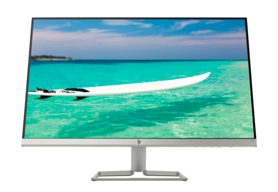 HP 27f 27-inch  Display angled to right showing a boat floating on the sea