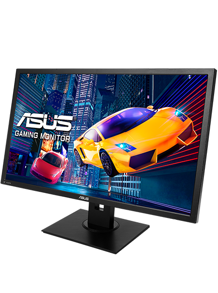 a monitor with a racing game screenshot, one car is red and other is yellow. ASUS logo on the left