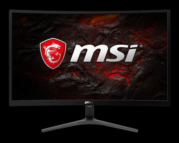 G24VC monitor facing forward showing the MSI logo on a volcanic rock background