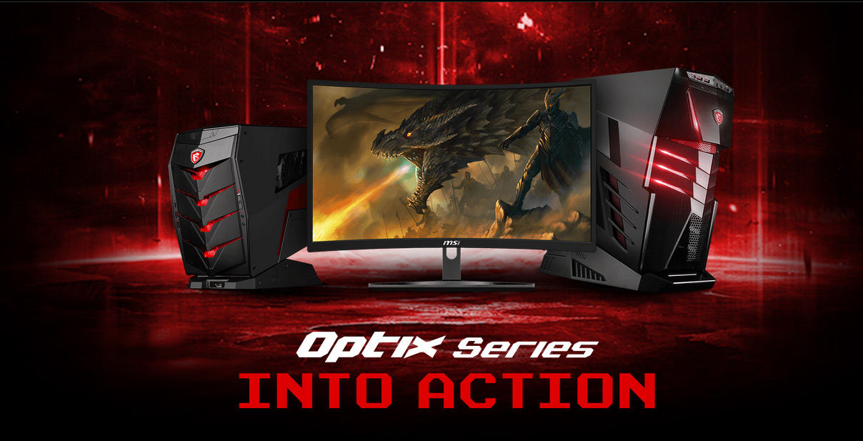MSI G24VC next to two MSI gaming desktops, a dragon is blowing fire on screen next to an armored dragon-rider. Text on this image reads: Optix Series INTO ACTION