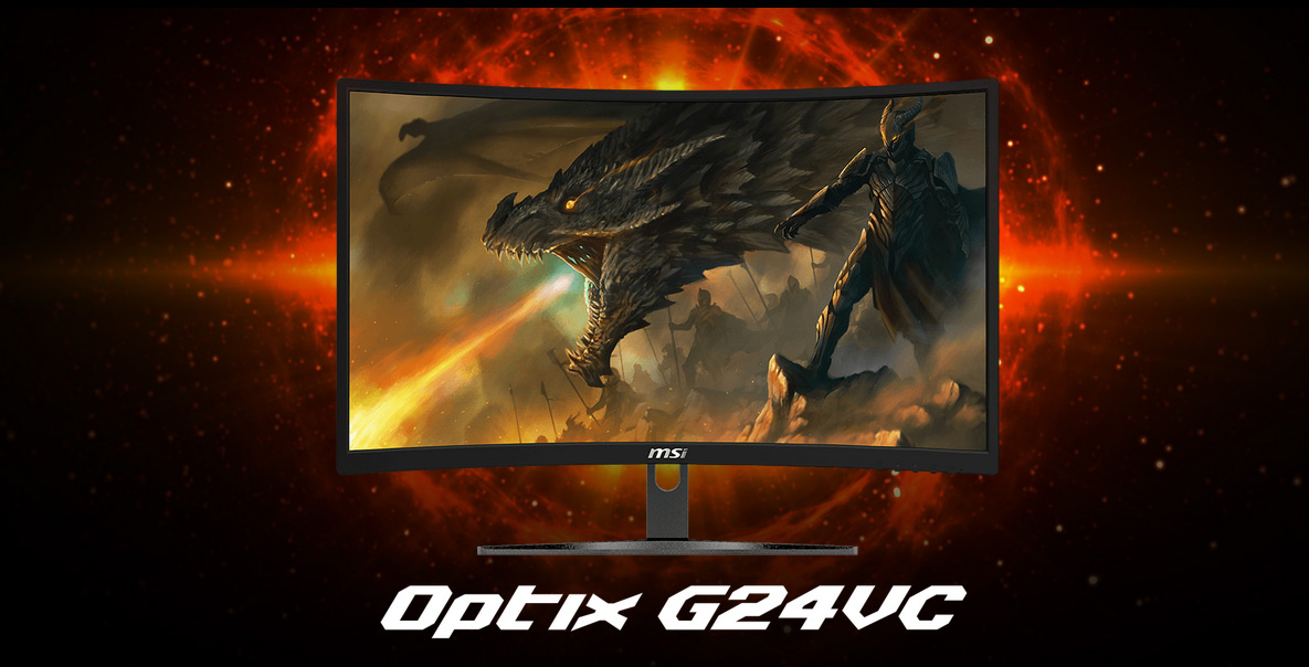 MSI G24VC monitor showing a dragon breathing fire next to soldiers and an armored dragon rider. Text on this image reads: Optix G24VC