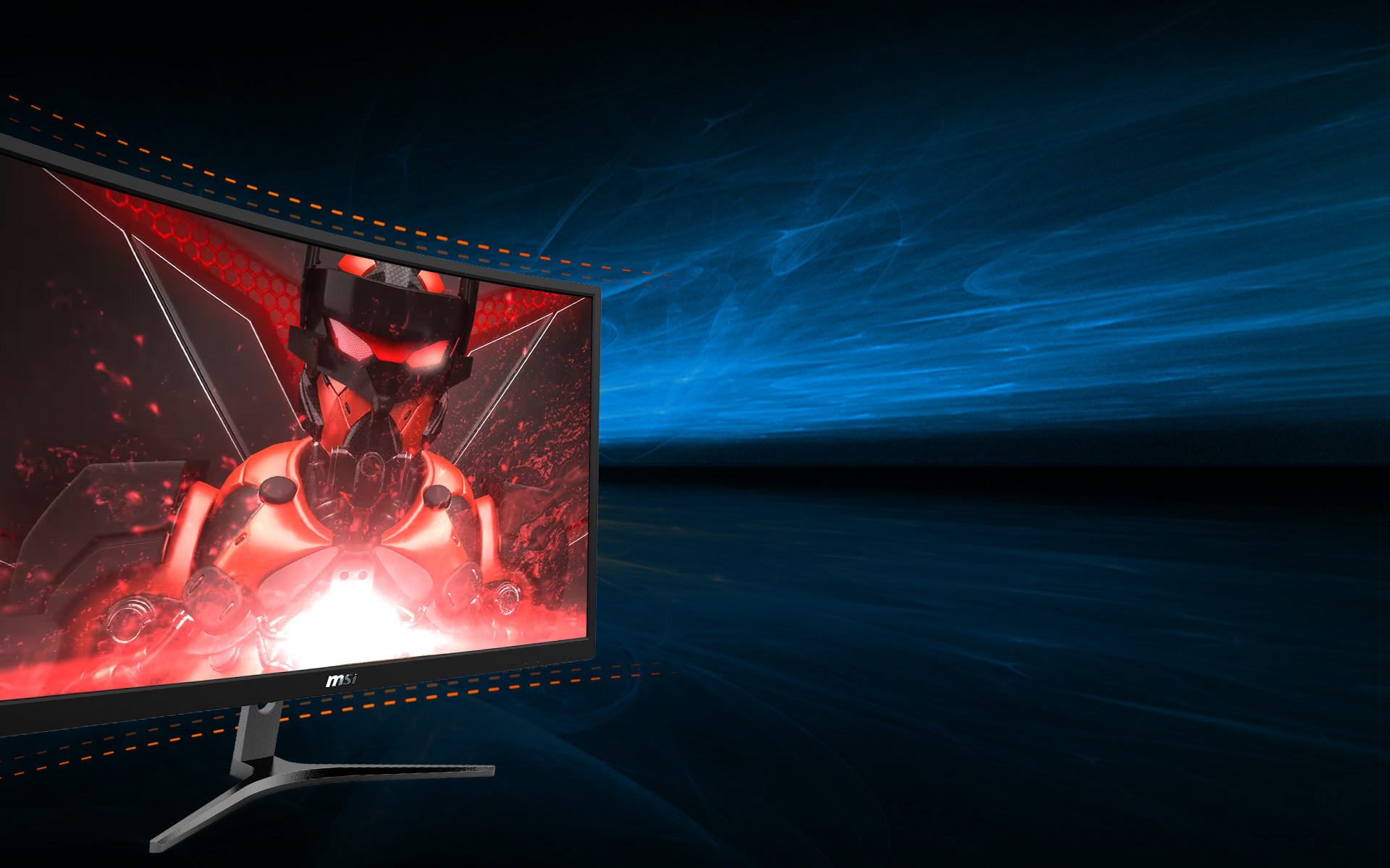 MSI G24VC monitor angled to the right showing a red-fluid infused robot