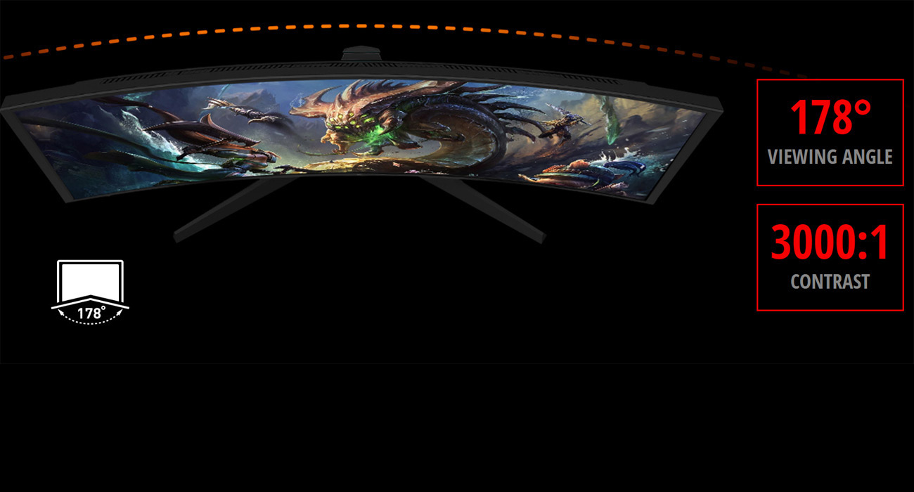 overhead view of the MSI G24VC showing League of Legends art on screen, 178 degree viewing angle and 3000:1 contrast badges