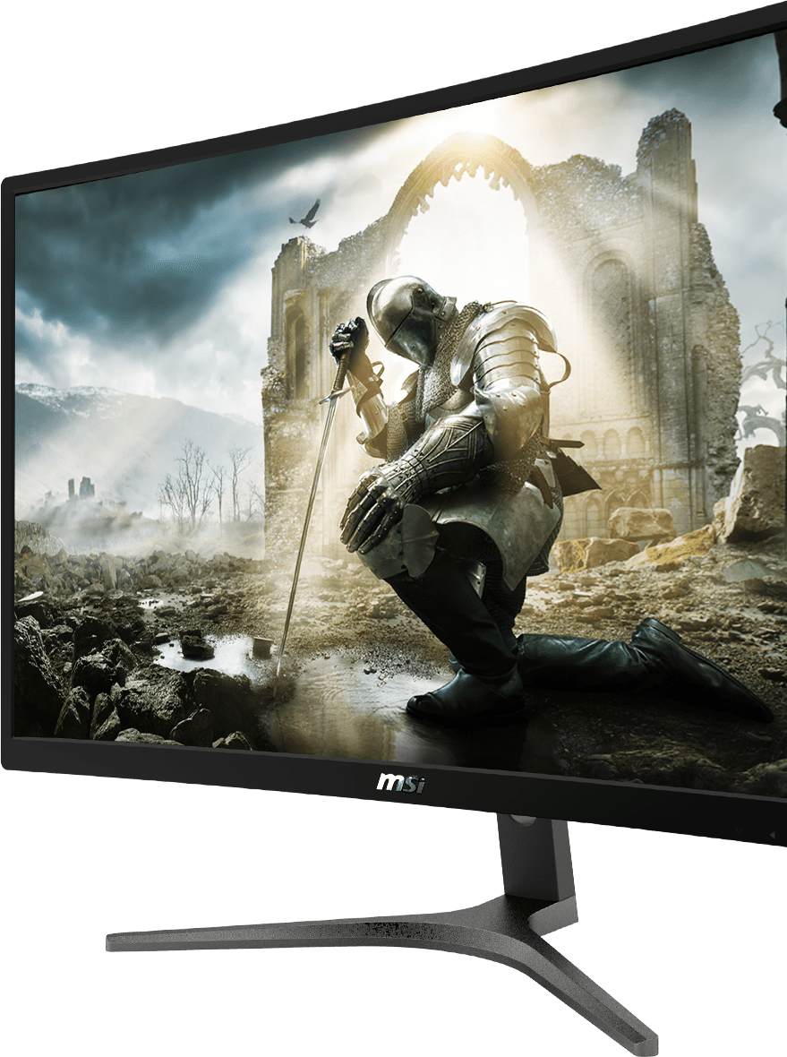 MSI G24VC monitor angled to the left showing a knight kneeling in front of stone ruins with the sun shining on him