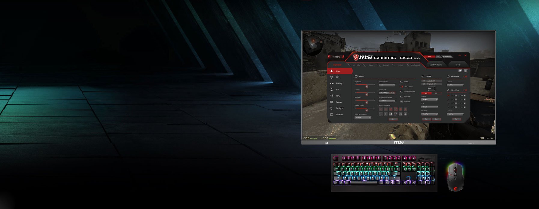 a msi gaming osd screenshot of the monitor, a keyboard and a mouse