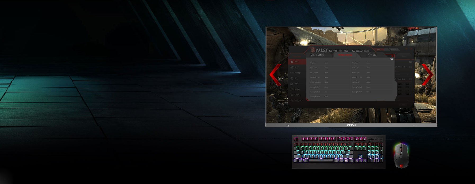 a msi gaming osd screenshot of the monitor, a keyboard and a mouse