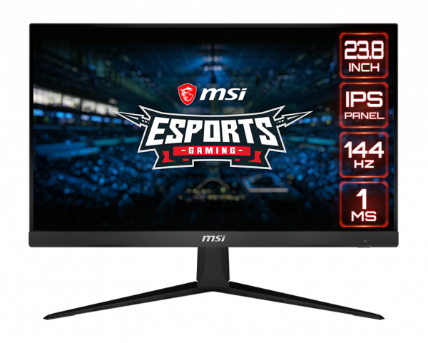  a monitor with a game site as screen and EXPORTS logo and MSI logo in the center of it, 24.5inch icon, IPS icon, 240hz icon and 1ms icon on the right of the monitor