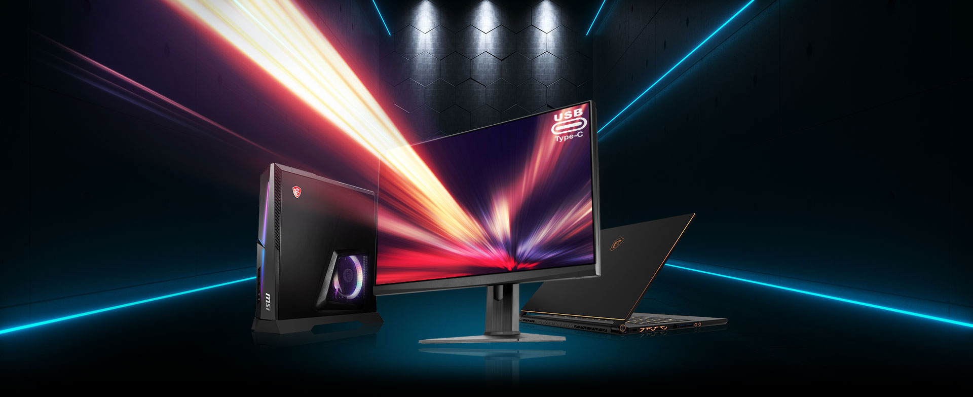 the monitor with a abstract image as screen with a case and laptop together as background