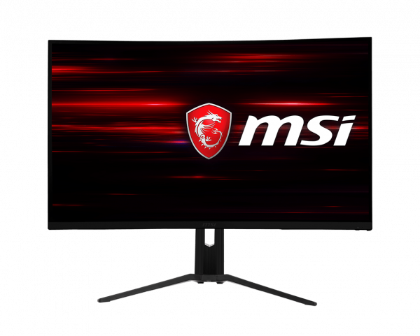 Optix monitor with red abstract image in the center as screen