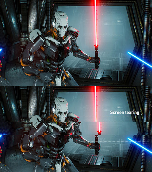 one image splited into two, showing different effect between with freesync and without