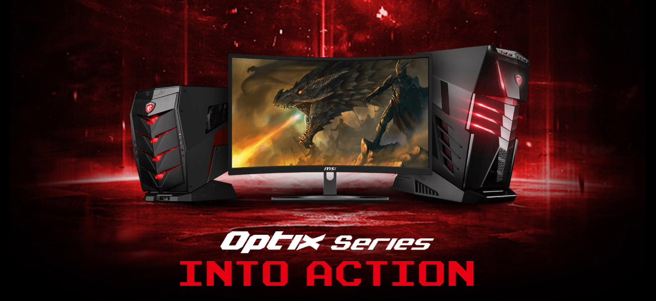 a set of computer in a red background, a dragon as screen of the monitor