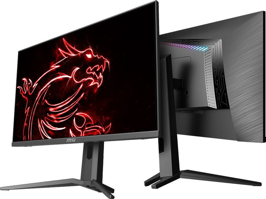  two monitor back-to-back with red dragon as screen