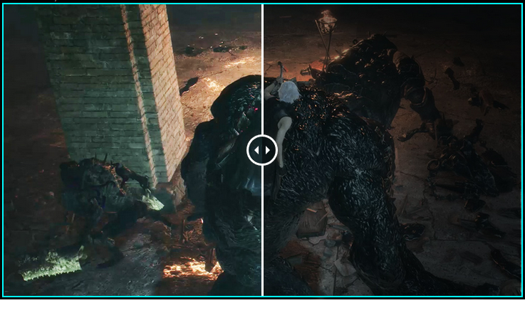 one image splited into two, showing different effect between night vision on and off