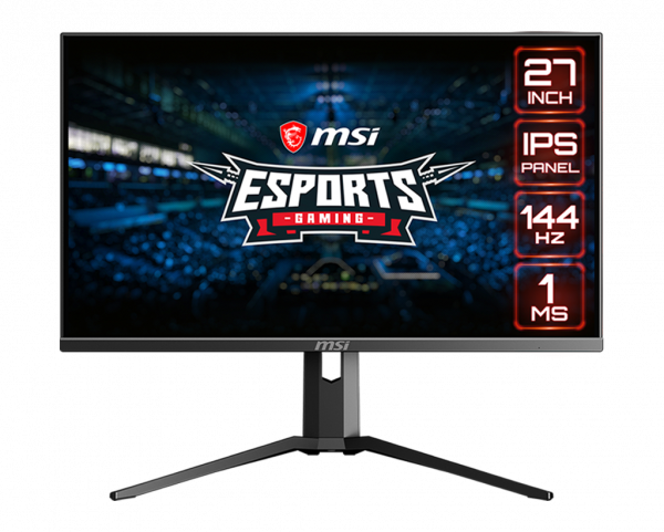  a monitor with a game site as screen and EXPORTS logo and MSI logo in the center of it, 27inch icon, IPS icon, 240hz icon and 1ms icon on the right of the monitor