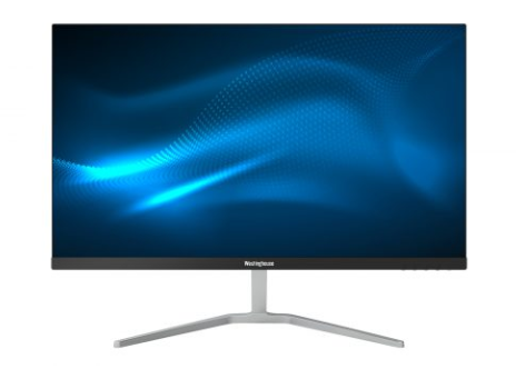 a monitor with a blue abstract image as screen