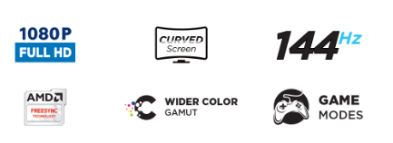 1080p full HD icon, Curved screen icon, 144hz icon, AMD Freesync icon, Wider color icon, Game Modes icon 