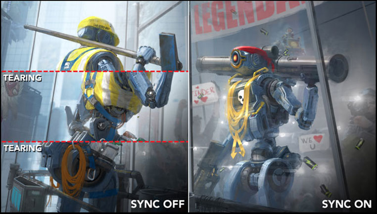 a image split into two, showing difference between sync off and on