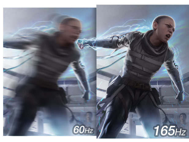 a image splited into two, showing difference effect between 60Hz and 165Hz