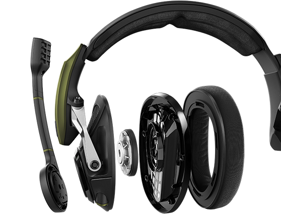 GSP 550 PC Gaming Headset with all its components removed and floating next to each other