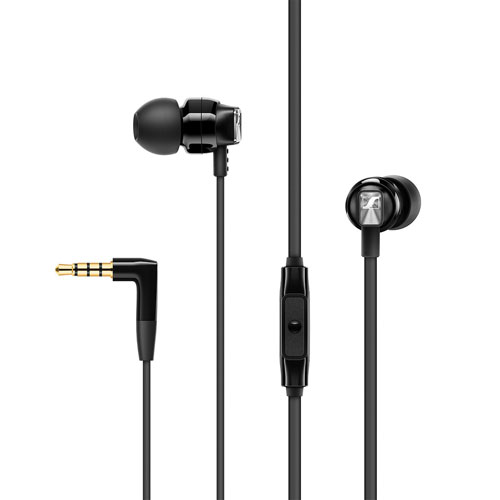 Closeup of the Sennheiser CX 300S 3.5mm audio jack, 2 ear buds and inline remote + mic
