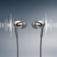  Two earpieces with sound waves  