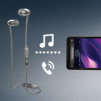  A pair of earphones on the left, and a smartphone on the right. Between them is a music symbol and a calling symbol  