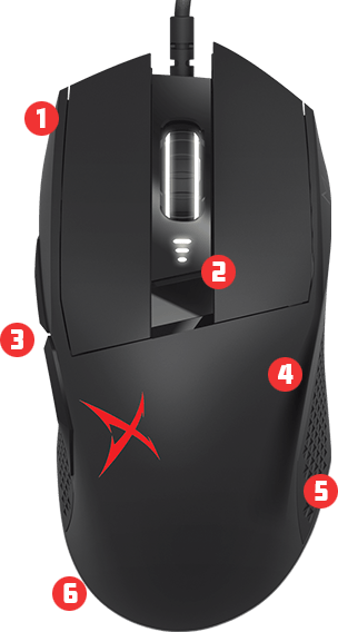  Top view of the Siege M04 mouse, with its various parts marked by numbers