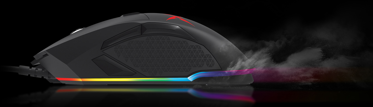  Left side view of the Siege M04 mouse with bottom LED on. At the rear of this mouse some dust are in the air, indicating the mouse is move at fast speed  