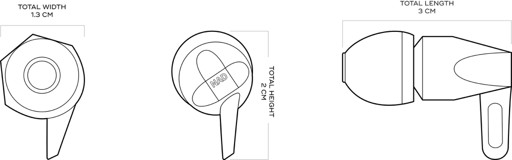 Diagram of the ear buds facing forward, away and to the left with text that indicates: 1.3cm total width, 2cm total height and 3cm total length