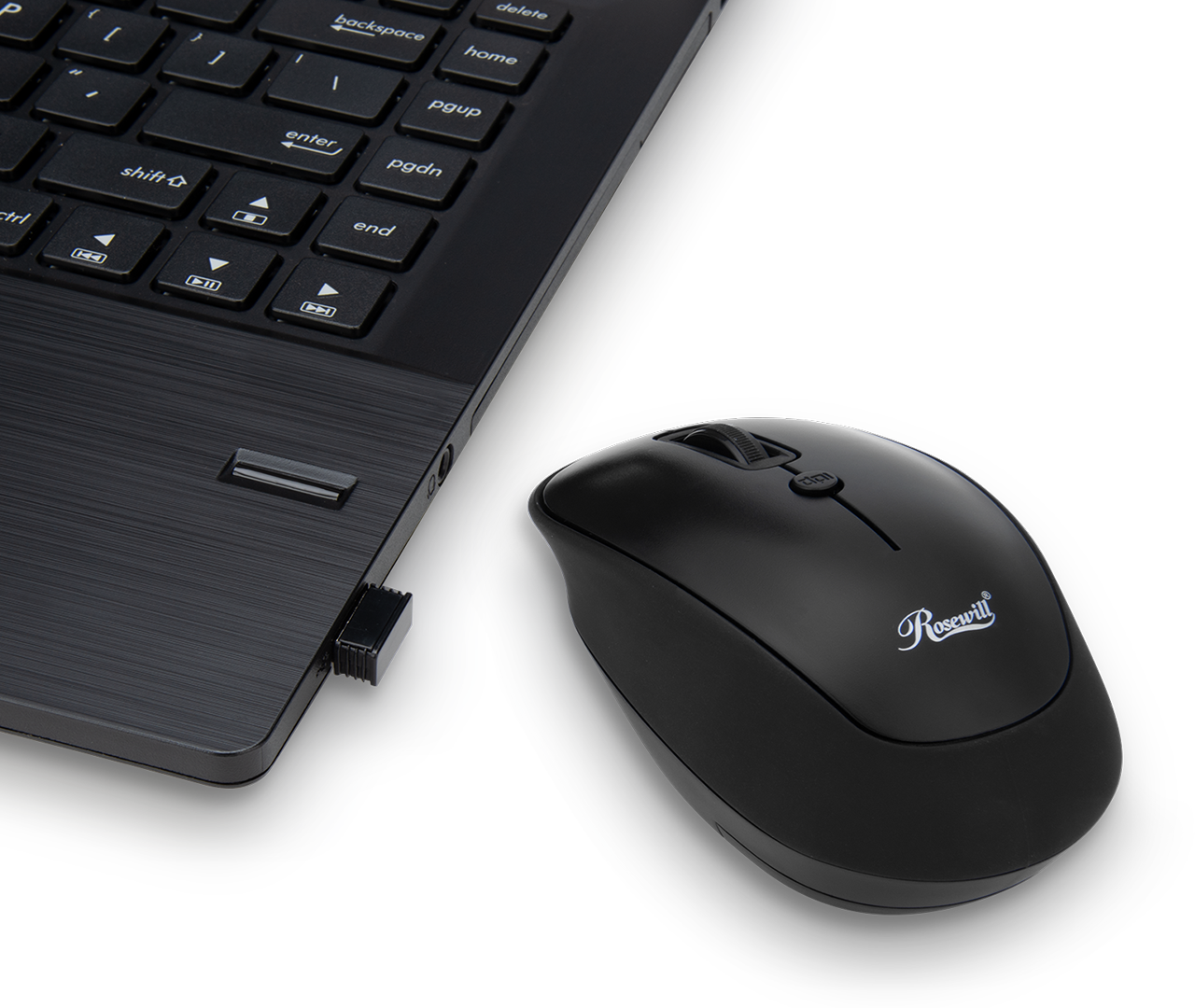 Rosewill Wireless Optical Computer Mouse next to a laptop that it's receiver is plugged into. There is a graphic and text that indicates: Sweat-Resistant Finish
