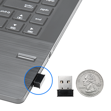 Rosewill Wireless Optical Computer Mouse's USB receiver next to a quarter and another receiver plugged into a laptop