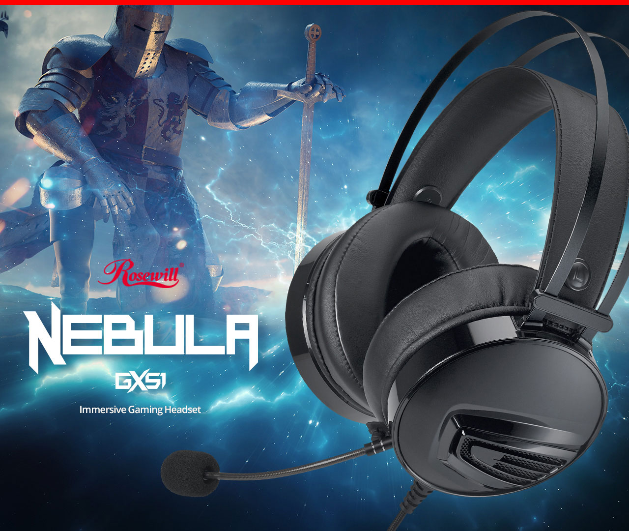 Rosewill NEBULA GX51 banner showing a fully armored knight kneeling with his hand on his broadsword that's facing down, the product is at the forefront facing to the left next to text that reads: Immersive Gaming Headset